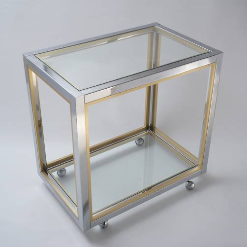 Vintage drinks trolley bar cart, chrome, brass tone gilt metal & glass by Renato Zevi, 1970`s ca, Italian